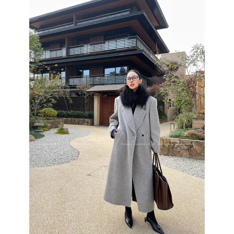 JCCC影子【又间银山】灰色苏力绵羊毛经典版廓形长款双面呢大衣外套