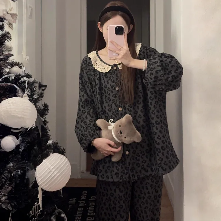 德绒睡衣女秋冬新款蕾丝花边公主风长袖长裤豹纹轻奢家居服套装