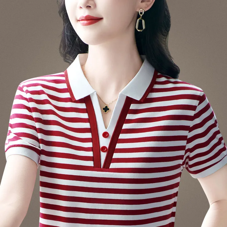 彩羊品牌装冰丝短袖t恤女洋气条纹polo衫夏装2025新款宽松上衣服