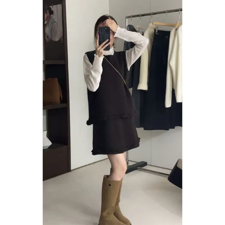 2025秋季新款女法式气质修身圆领长袖上衣花边马甲背心高腰半身裙