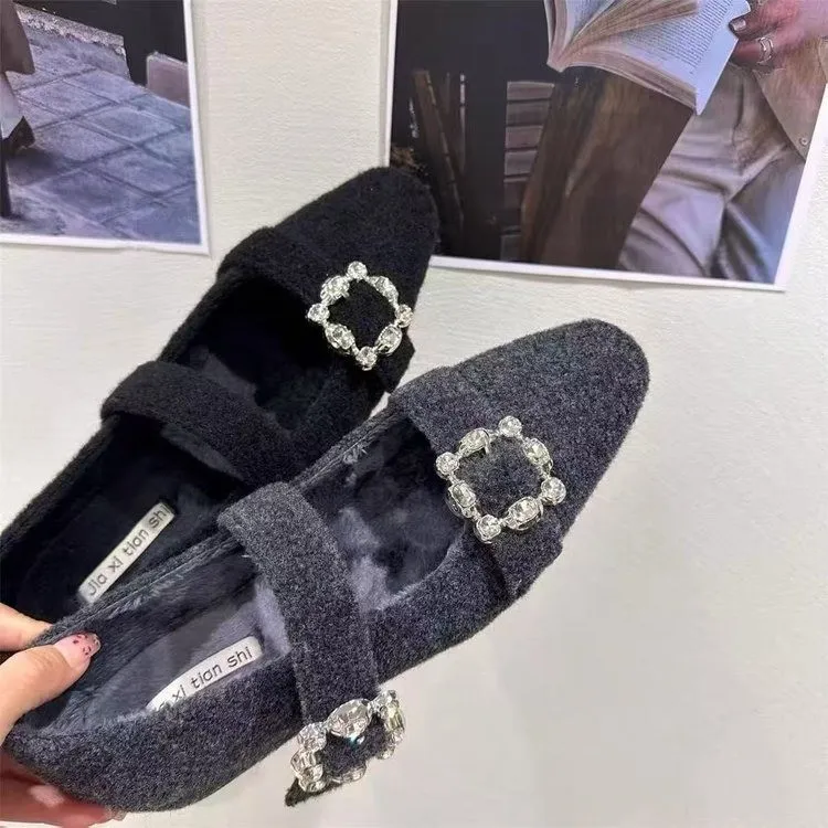 啄木鸟内增高方头水钻单鞋女2025秋冬加绒灰色毛毛鞋玛丽珍晚晚鞋