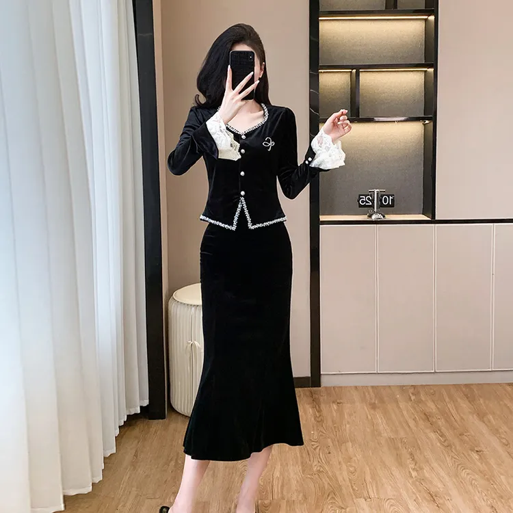 秋冬新款高级感女装长袖上衣半身裙时髦两件套法式气质时尚套装