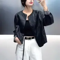 圆领纽扣拼色pu皮衣轻职风气质短外套秋季新款大码夹克休闲上衣