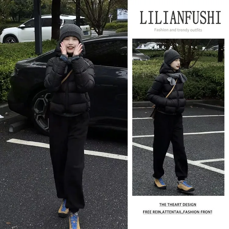 今年流行穿搭一整套2025新款长袖连帽棉服外套阔腿休闲裤两件套女