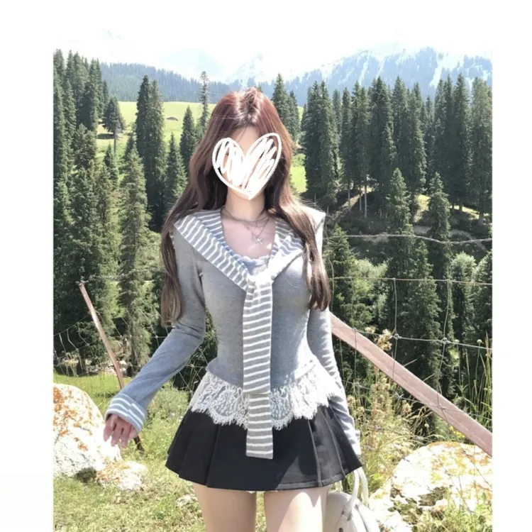 美式复古花边辣妹修身条纹坎肩蕾丝t恤女