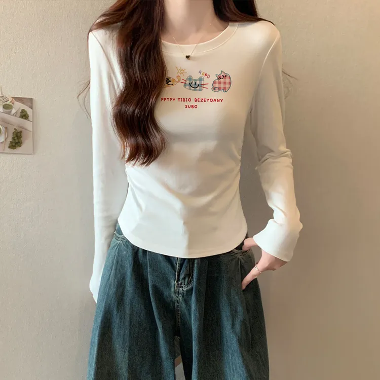 2025新款秋季收腰v领修身长袖T恤女装白色别致高级感打底衫上衣