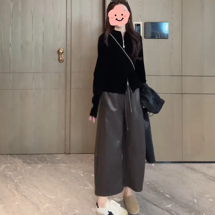 秋季新款休闲长袖外套+慵懒风抽绳宽松百搭pu皮裤LK2506093