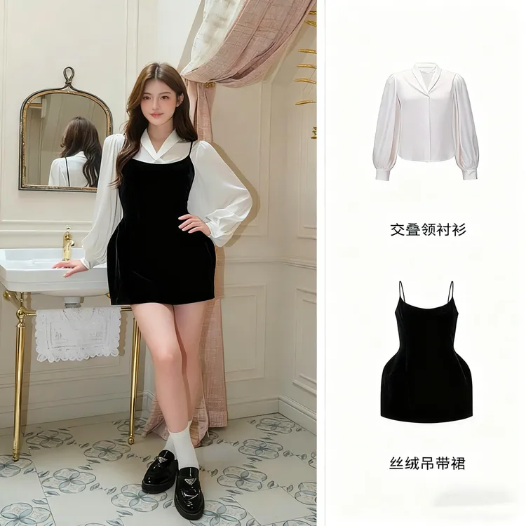 avamanamnt/丝绒吊带裙/交叠领法式衬衫/法式气质收腰小黑裙短裙