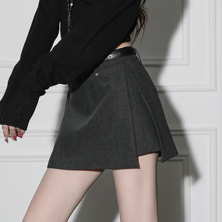 高级灰色高腰西装半身裙裤子女秋季新款设计感侧开叉显瘦短款裤裙