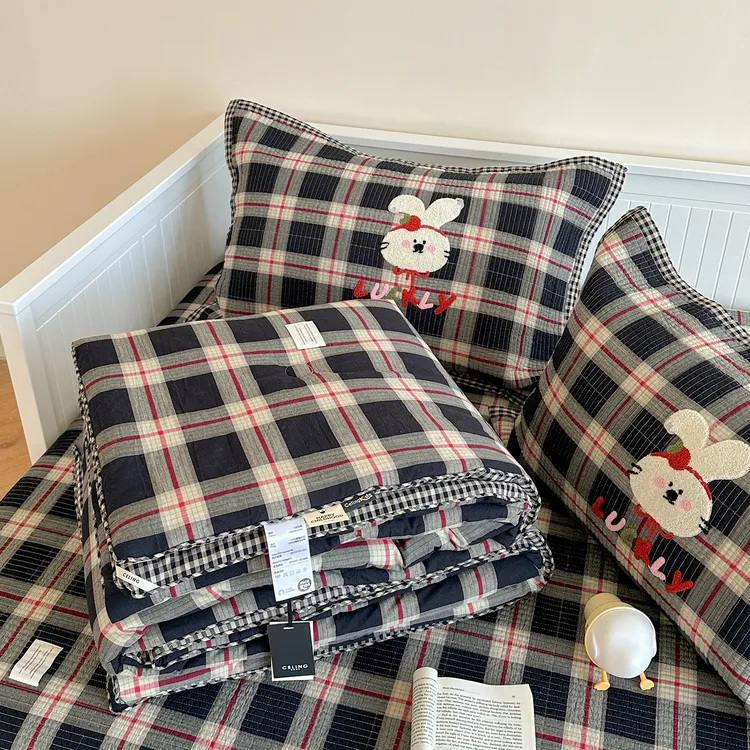 2025款色织毛巾绣水洗棉床盖三件套单人双人被子被芯水洗柔软格子