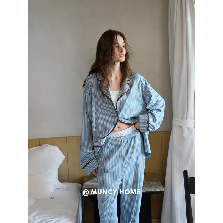 曼系“蓝色贝壳绣”柔软棉春秋睡衣女长袖宽松气质条纹可外穿套装