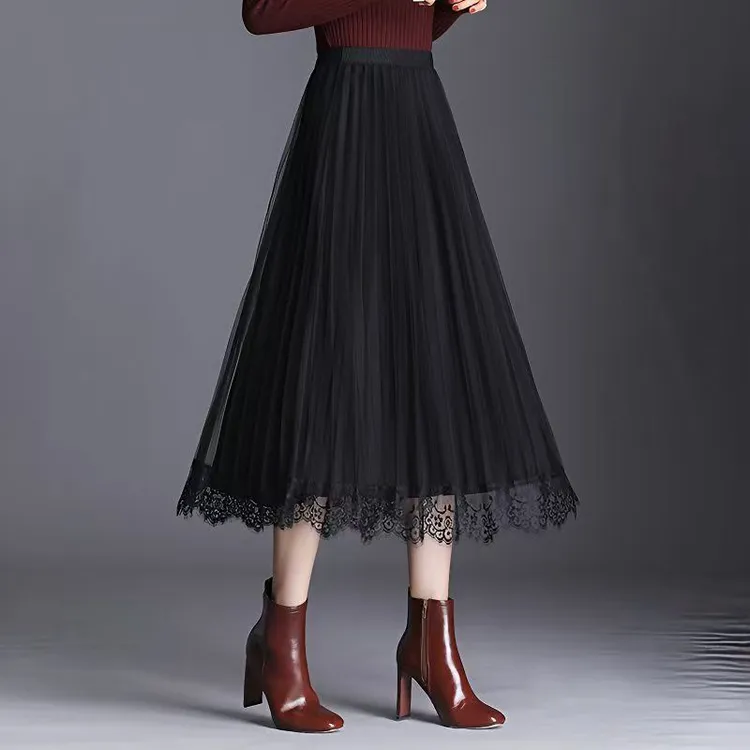 双面穿蕾丝百褶裙半身裙中长款宽松大码女装2025新款跳舞大摆裙
