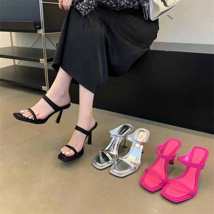 2025年夏季网红新款配裙子高跟凉鞋女外穿银色黑色一字带细跟凉拖