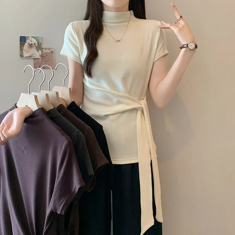 2025早秋新款胖mm大码女设计感高领系带短袖内搭T恤A2208