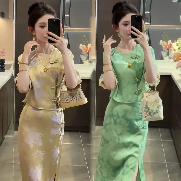 单/套装 新中式套装女夏季新款高级感小个子短款上衣包臀裙套装潮