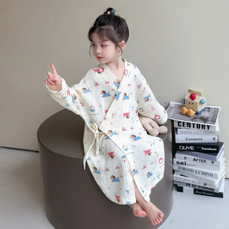 女童棉纱布睡袍春秋款2025新款小孩女宝宝长款家居服儿童春季浴袍