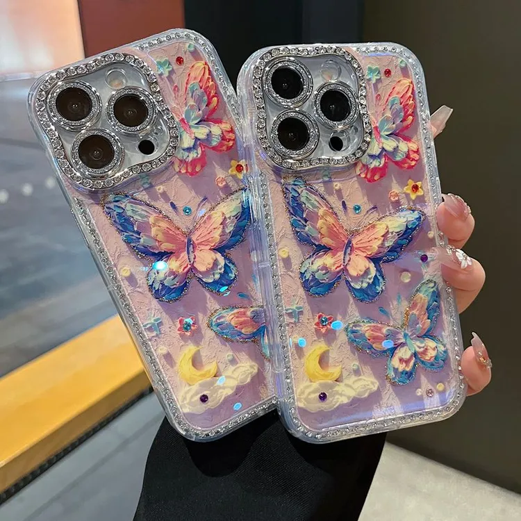 适用苹果系列iPhone16新款手机壳国风云朵蝴蝶扭边钻框闪钻镜头膜