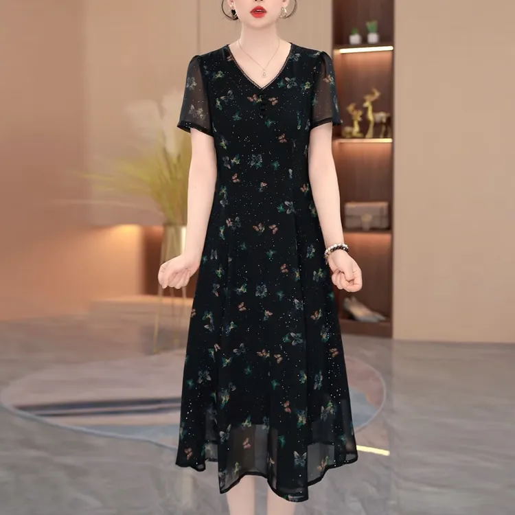 高档气质v领印花连衣裙女2025夏季新款女士时尚修身显瘦中长裙子