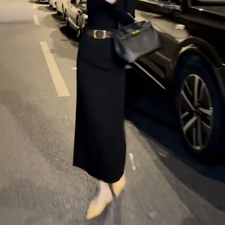 高腰梨形灰色半身裙冬季加厚呢子料女垂感宽松显瘦有口袋休闲长裙