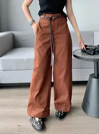 WANTHAT/凡黛卡简约显瘦配腰带修身卷边百搭直筒阔腿休闲裤G08