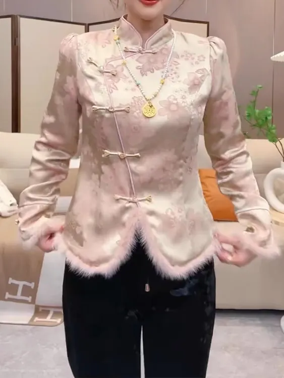 新中式国风上衣加绒女2024秋季新款复古盘扣提花长袖衬衫外套