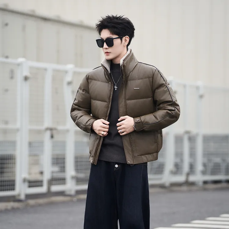 穿搭潮品2025冬装新品国标50绒男士休闲毛领可拆卸皮质羽绒服外套
