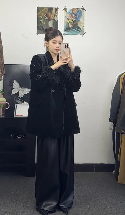 ［大囍·studlo］新款丝绒加棉袖口毛毛可拆卸秋冬西装外套百搭