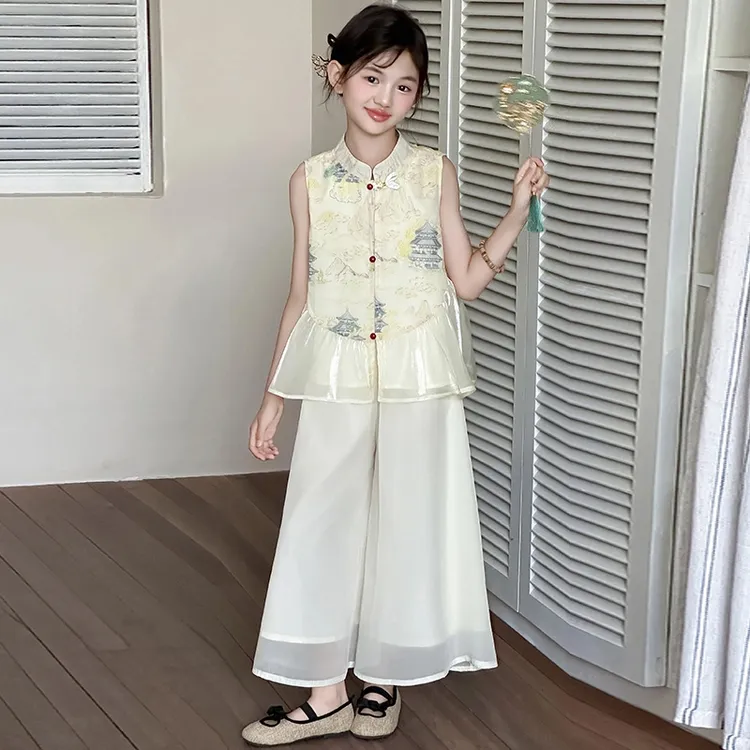 女童汉服夏装旗袍套装2025新款女孩复古爆款休闲洋气中裤两件套