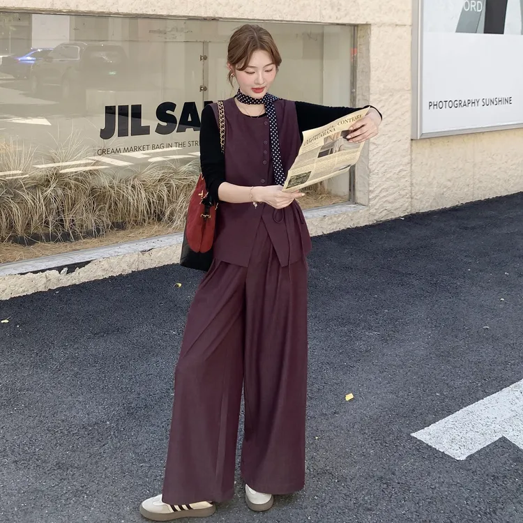 巨好看的高级感套装早秋新款2025流行穿搭马甲阔腿裤打底衫三件套