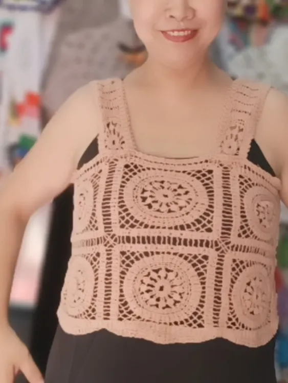 女夏针织法式无袖镂空钩花短款小众设计感宽松背心上衣