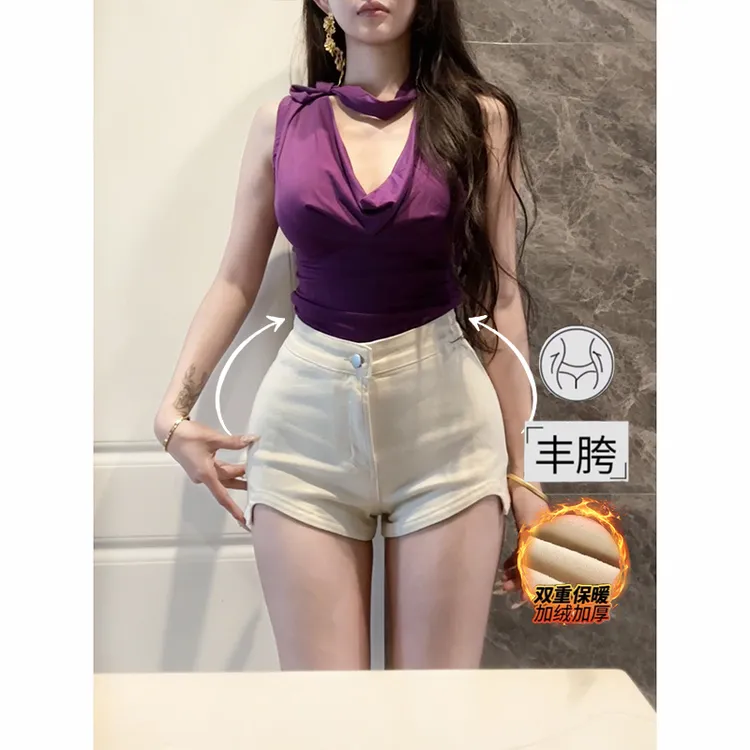 性感丰胯不规则弧形牛仔短裤2025冬季加绒新款高腰显瘦显腿长热裤