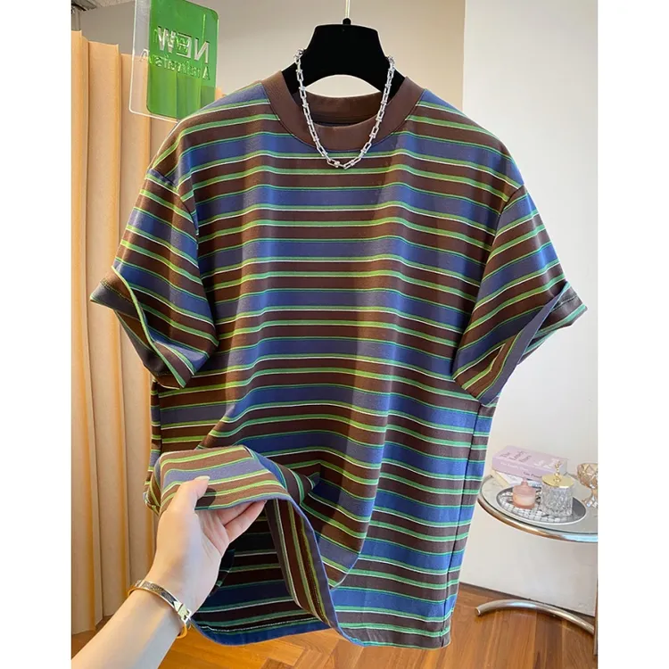 美式复古条纹t恤女短袖2025新款韩版宽松显瘦百搭圆领套头上衣夏