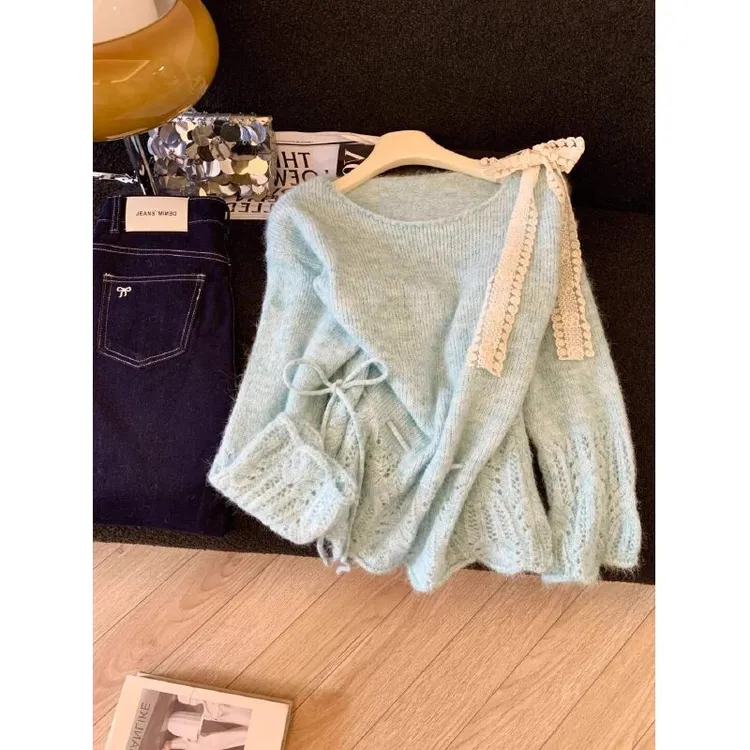 秋日马卡龙~法式气质钩花镂空系带蝴蝶结针织衫女设计感减龄毛衣