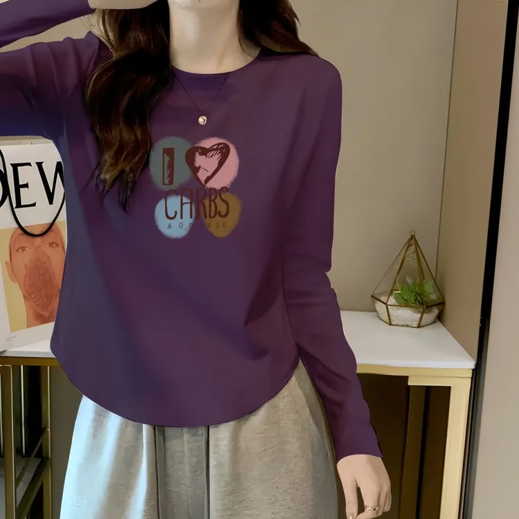 92%棉长袖T恤女春秋季正肩修身显瘦小个子下摆弧形设计感小众上衣
