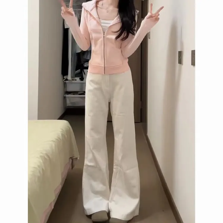 白色微喇叭牛仔裤女春秋新款高腰显瘦宽松不贴腿阔腿拖地裤长裤子