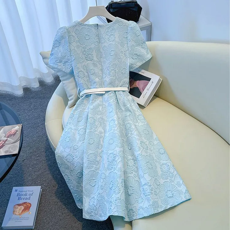 GDW蓝色连衣裙2025新款女夏季轻奢高级感名媛气质小个子短袖裙子