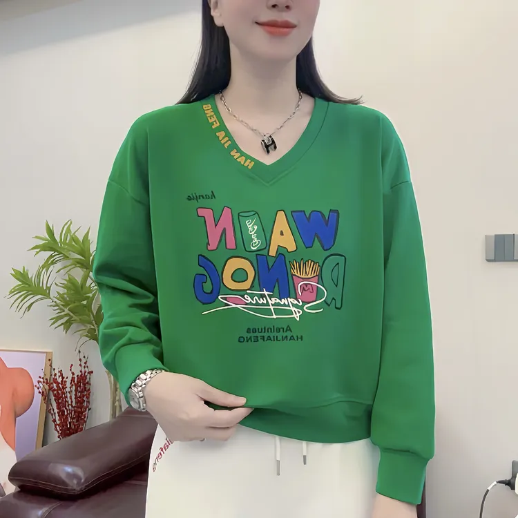 《韩家》#9503新款春秋百搭拼接宽松时尚洋气休闲V领卫衣