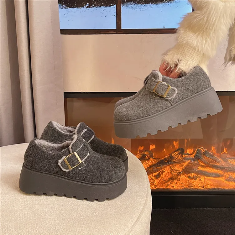 2025秋新款大头单鞋松糕厚底毛毛鞋女百搭勃肯鞋小个子乐福鞋棉鞋