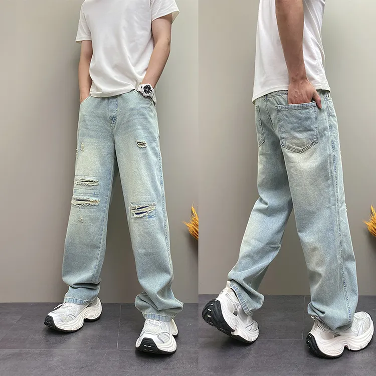 2025夏季薄款潮牌水洗磨白蓝色破洞青年男士休闲直筒阔腿牛仔长裤