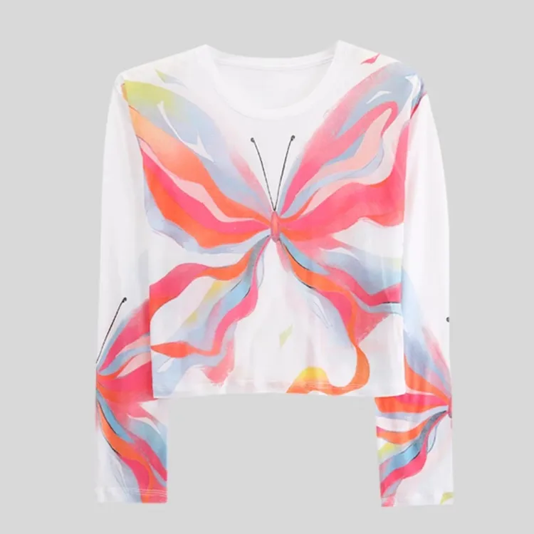 设计感撞色印花圆领长袖T恤女2025夏季新款宽松显瘦防晒套头上衣