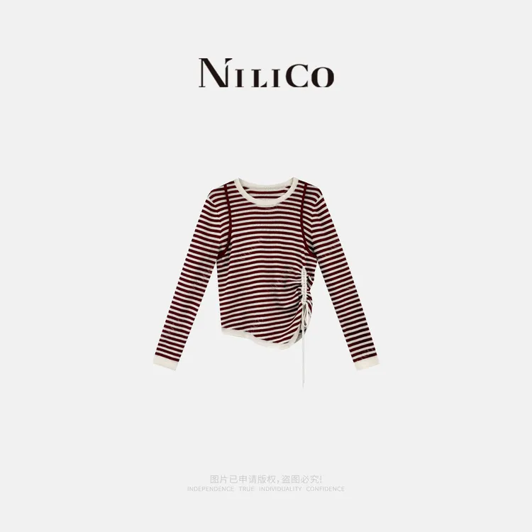 NILICO【晚晴】酒红色撞色条纹早秋设计感美丽诺羊毛针织衫