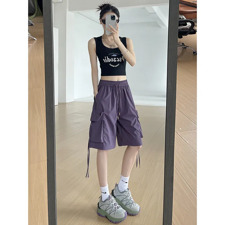 紫色工装短裤女夏季薄款高腰休闲阔腿速干运动美式五分裤子