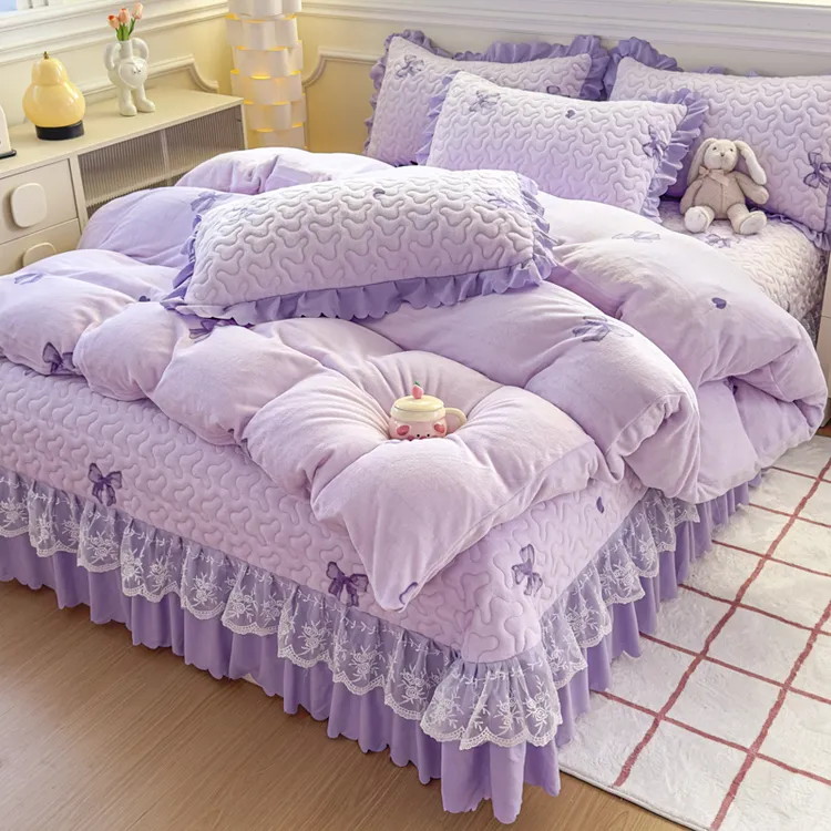 3秋冬款牛奶绒韩版加棉床盖款四件套蕾丝保暖加厚床盖床上用品