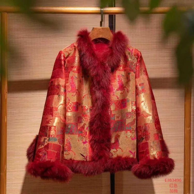 【锦系】蜀锦拼狐狸毛国风桑蚕丝立领直襟加棉长袖中式上衣E-383496