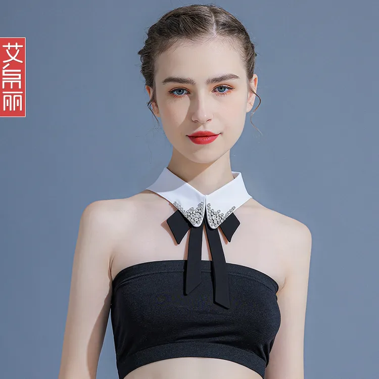 时尚复古高级钉珠假领子蝴蝶结黑白色娃娃领衬衫毛衣装饰领单领子