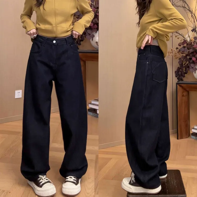 小静静一会【丹宁色加绒牛仔裤】2025冬季新显瘦款阔腿裤 2512C8689