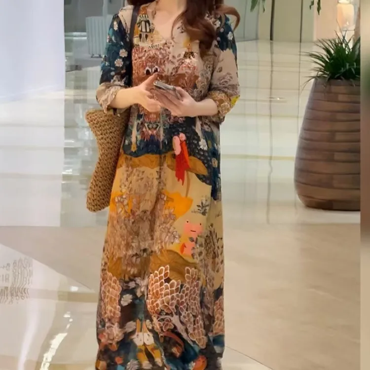 气质V领印花连衣裙2025夏季新款宽松显瘦碎花长裙