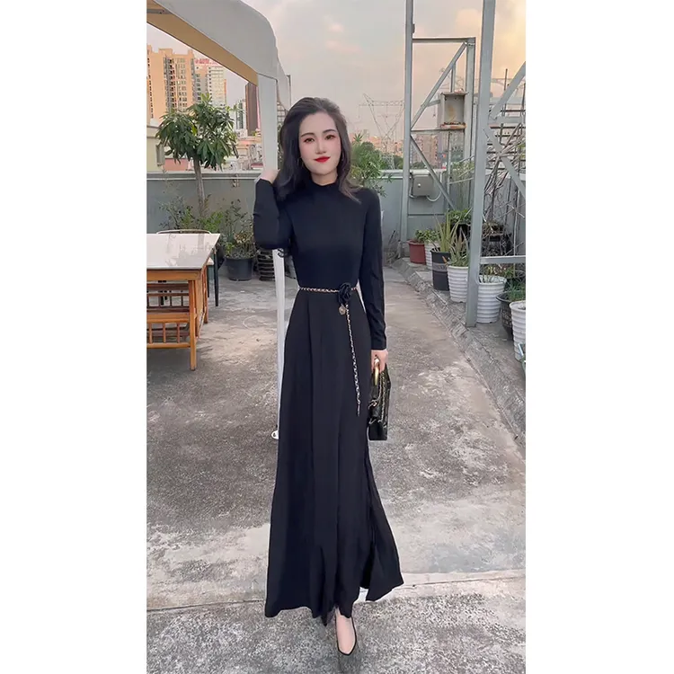 2025秋冬法式气质赫本风连衣裙新款长袖打底侧开叉显瘦长裙女9986