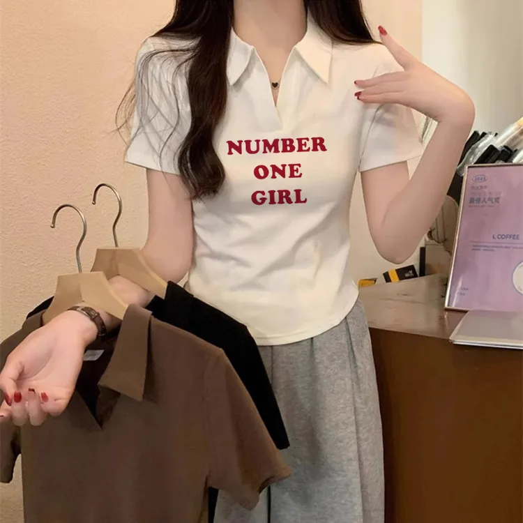 显瘦卡通小上衣polo衫休闲v领甜辣短袖t恤女正肩夏季2025新款修身