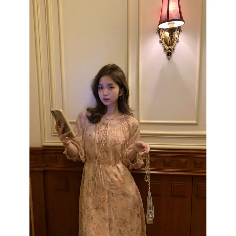 现货陳文文【莫奈花园】温柔风中袖碎花连衣裙女绑带国风长裙L3988